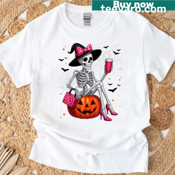 Cute skeleton drinking coffee graphic on Halloween t-shirt for women