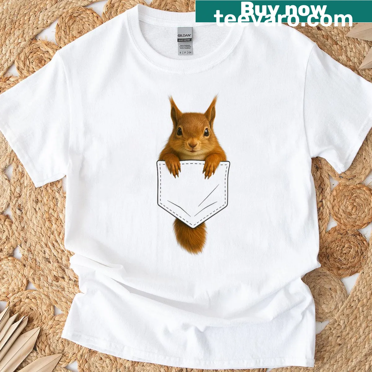 Adorable squirrel graphic peeking from a pocket — on a men's t-shirt
