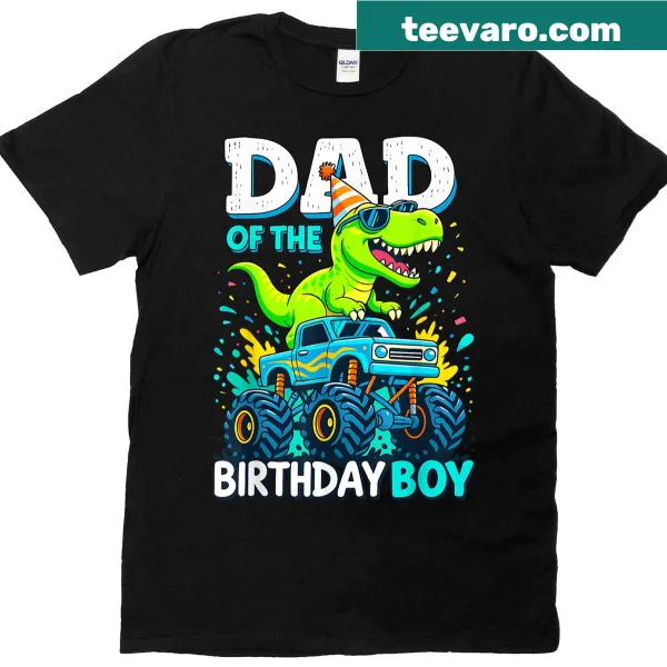 Illustrated T-shirt featuring monster trucks and T-Rex for birthday celebration