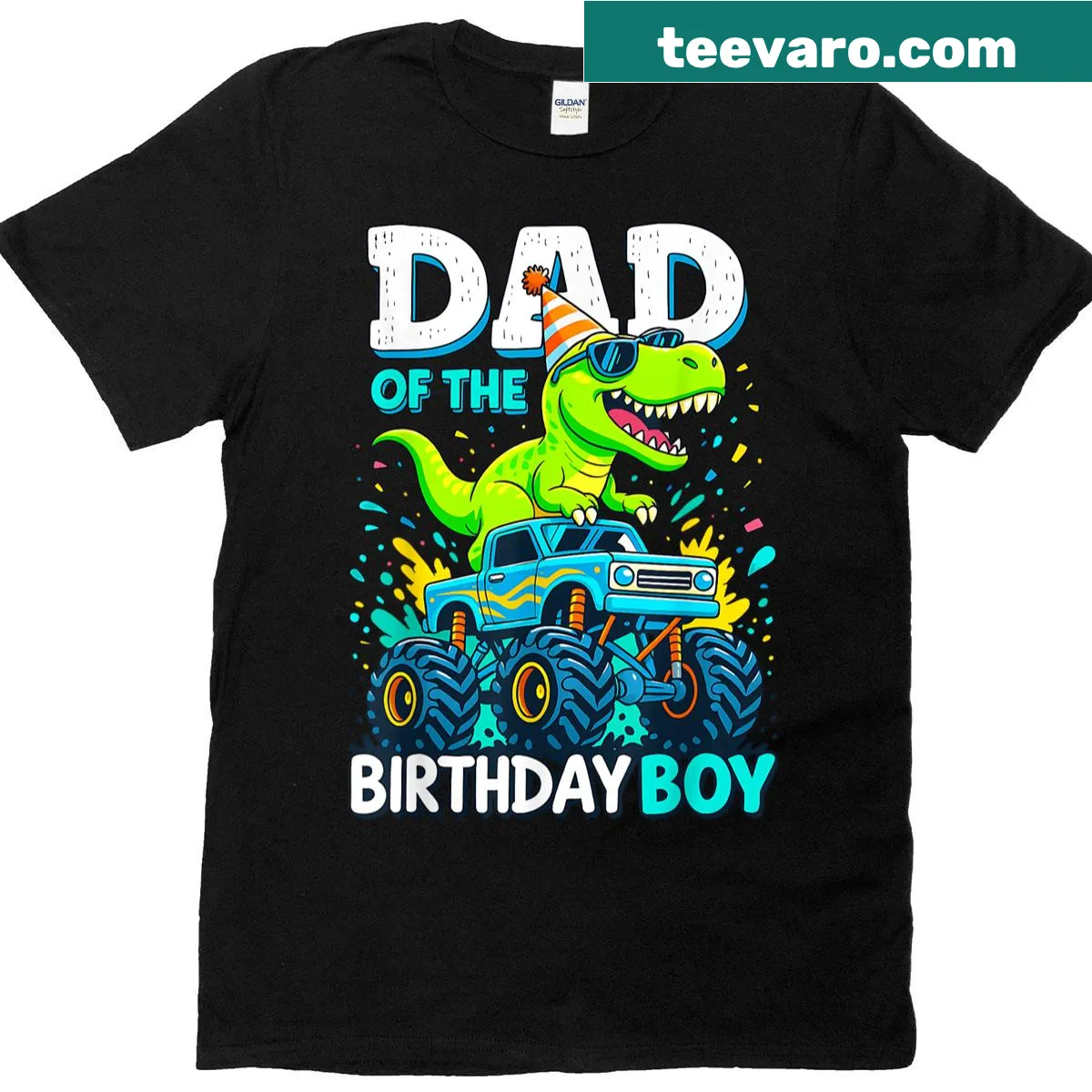 Illustrated T-shirt featuring monster trucks and T-Rex for birthday celebration — on a men's t-shirt