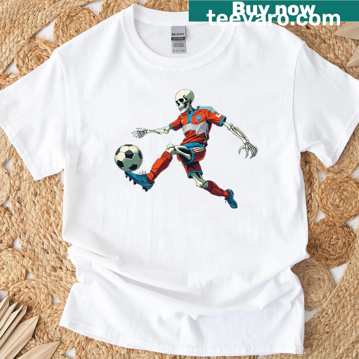 Oversized t-shirt featuring a humorous soccer skeleton mid-kick with the phrase Dead Ball Control — on a men's t-shirt