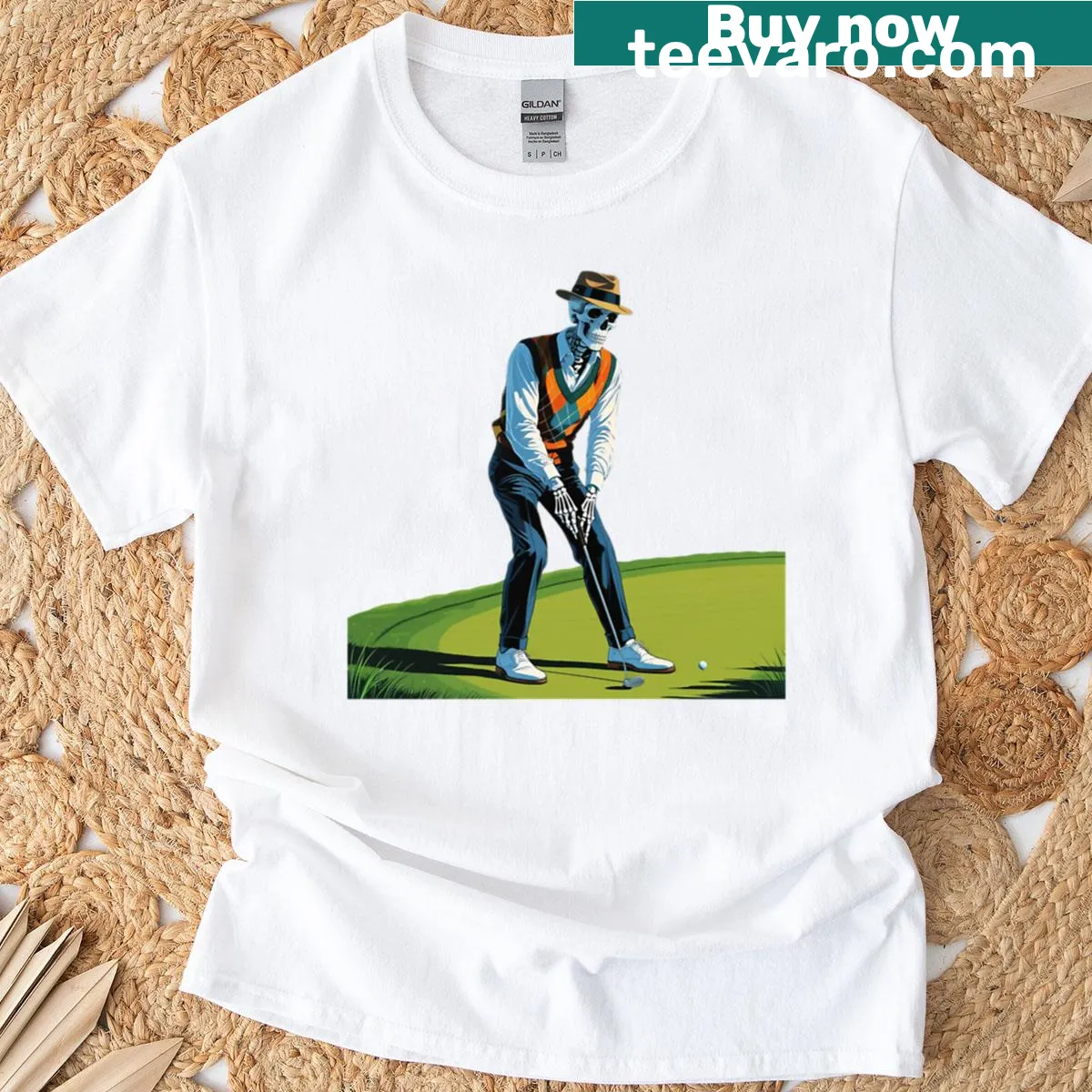 Skeleton golfer putting graphic on a T-shirt — on a men's t-shirt