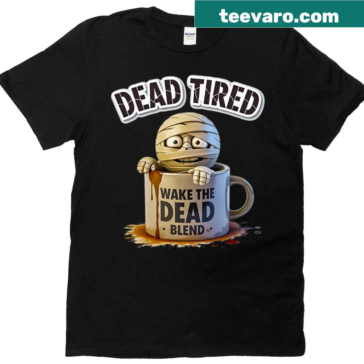 Funny Halloween T-shirt with a mummy and coffee design — on a men's t-shirt