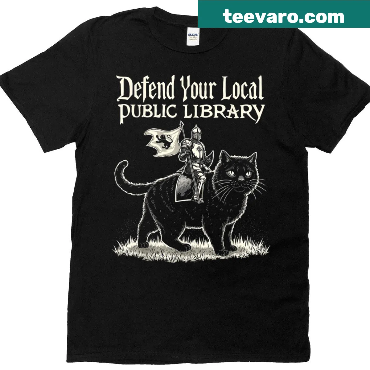 Funny knight cat graphic on a book lover T-shirt — on a men's t-shirt