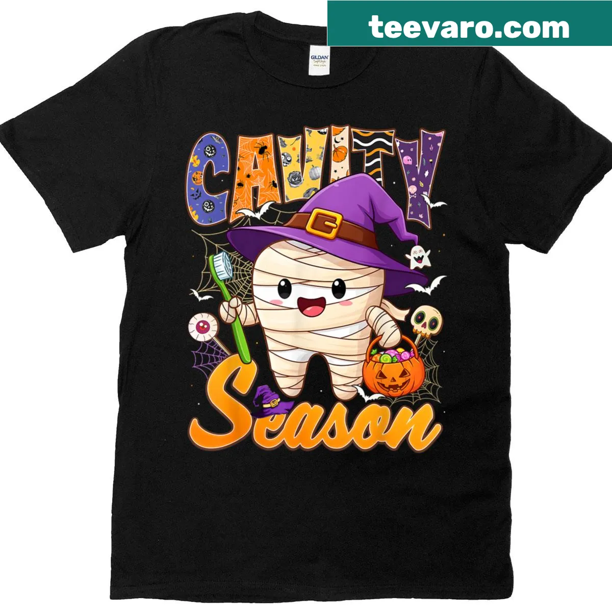 Halloween-themed T-shirt with 'Cavity Season' and dental graphics — on a men's t-shirt