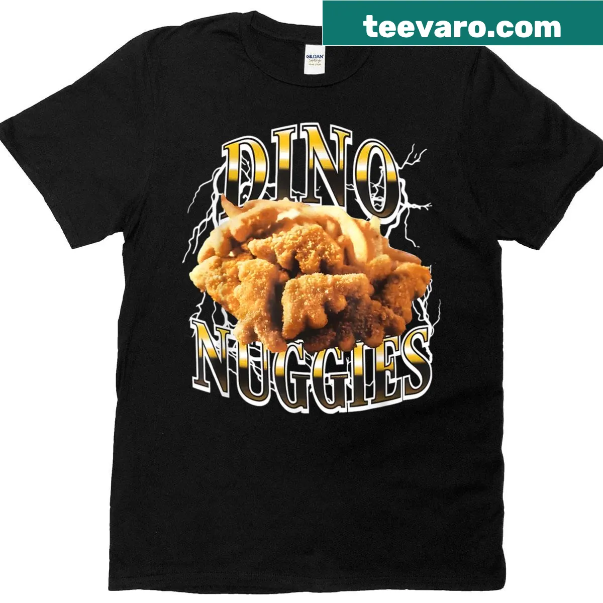 Funny T-shirt featuring dino-shaped nuggets and a playful phrase — on a men's t-shirt