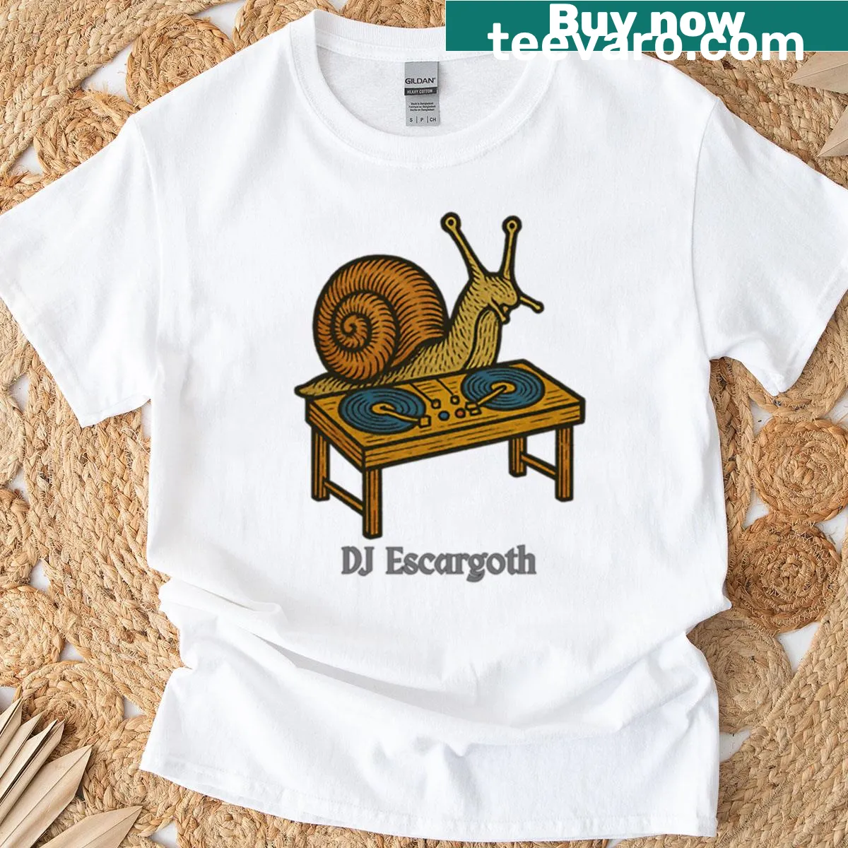 Cartoon snail DJ Escargoth with medieval marginalia on t-shirt — on a men's t-shirt