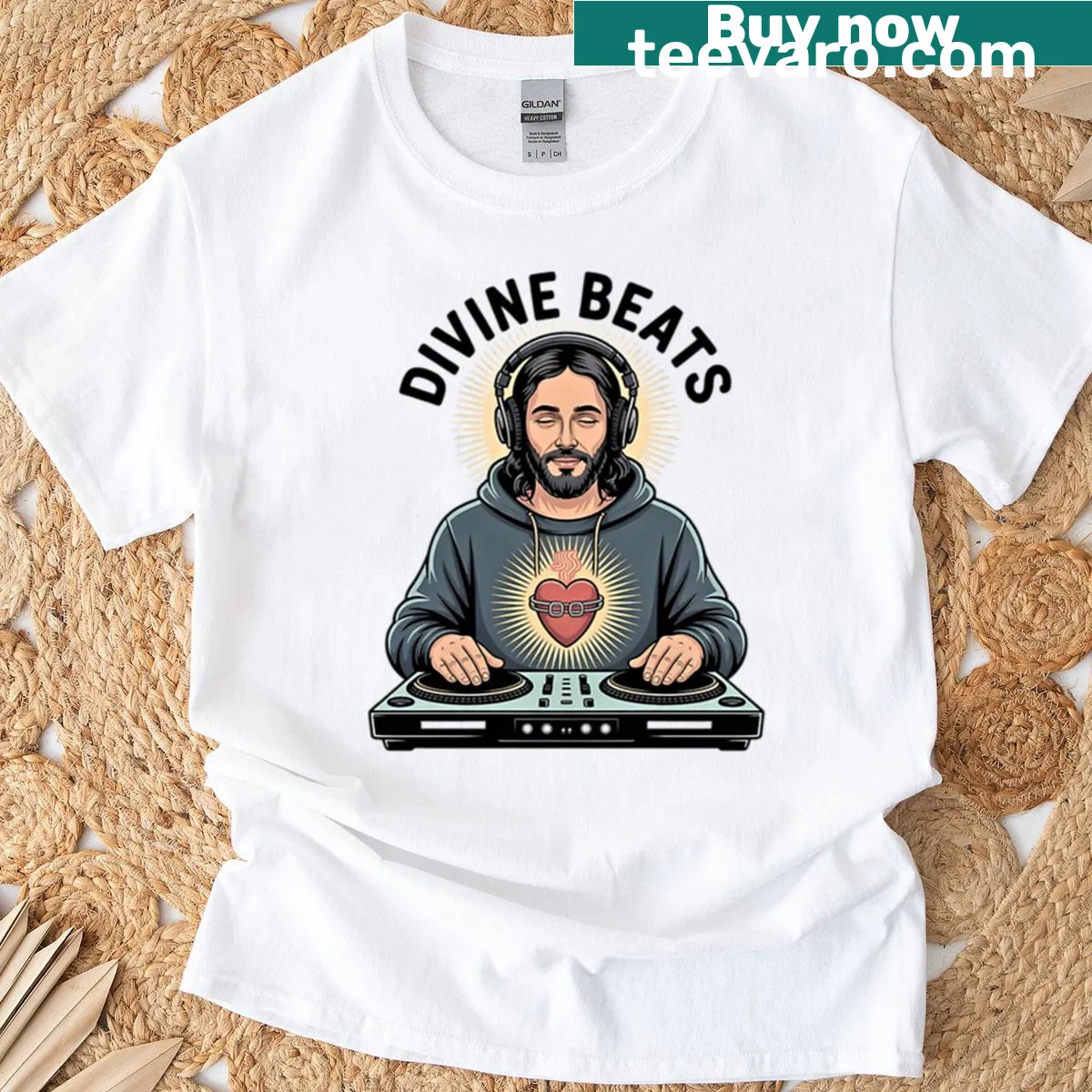 Illustration of DJ Jesus mixing music on a T-shirt — on a men's t-shirt
