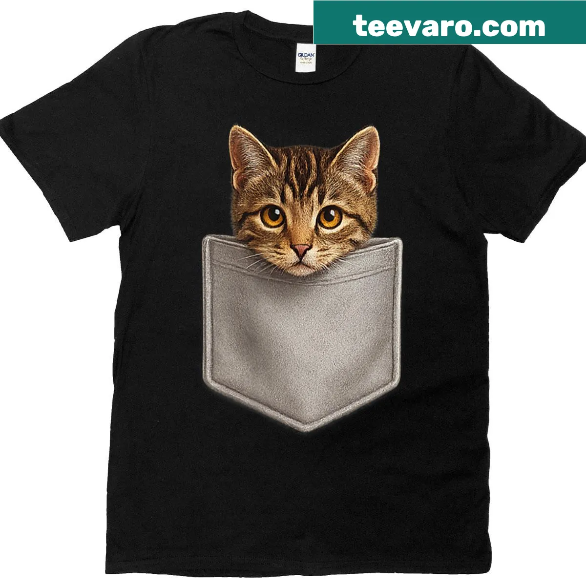 Cute T-shirt with a Domestic Shorthair Tabby cat illustration peeking from a pocket — on a men's t-shirt