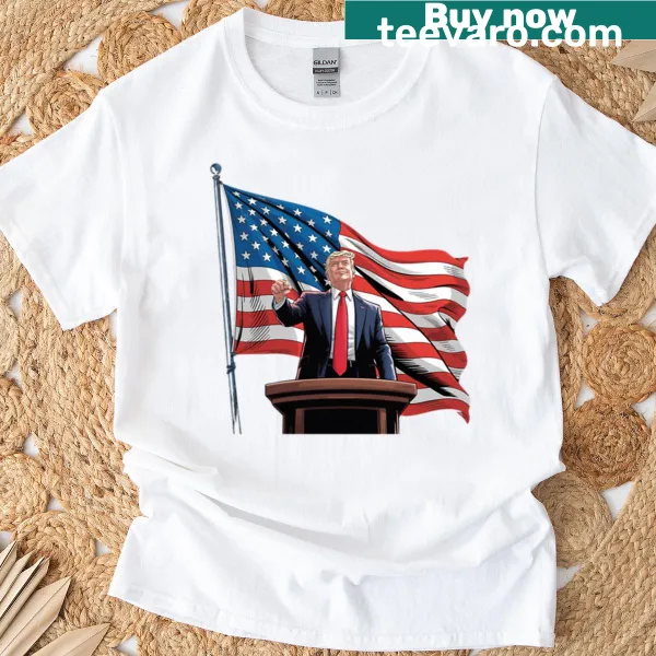 Illustration of Donald Trump with an American flag background.