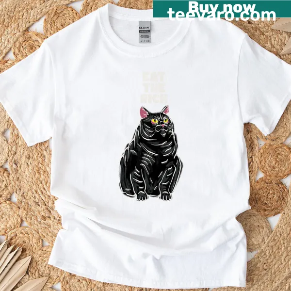 Illustration of a chonky black cat with the phrase 'Eat The Rich.'