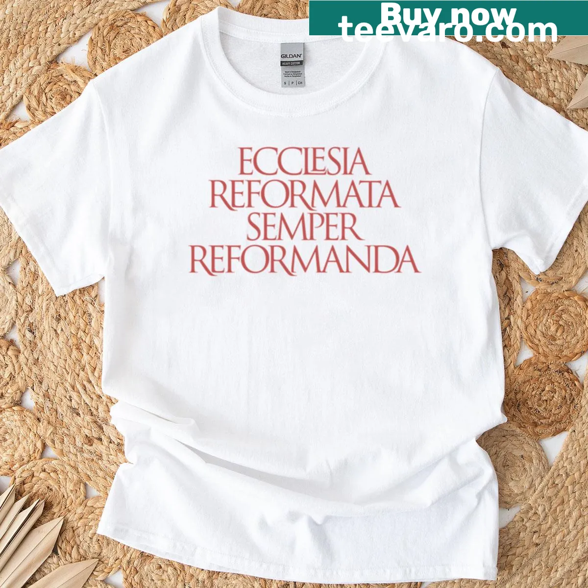 Typography t-shirt with the phrase Ecclesia Reformata Semper Reformanda — on a men's t-shirt