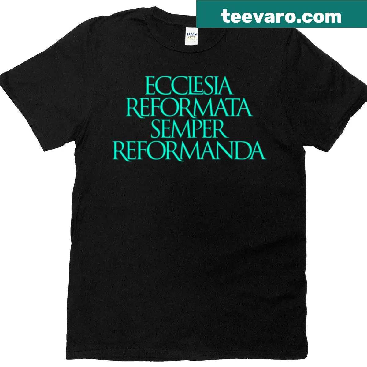 Inspirational t-shirt with 'Ecclesia Reformata Semper Reformanda' text — on a men's t-shirt
