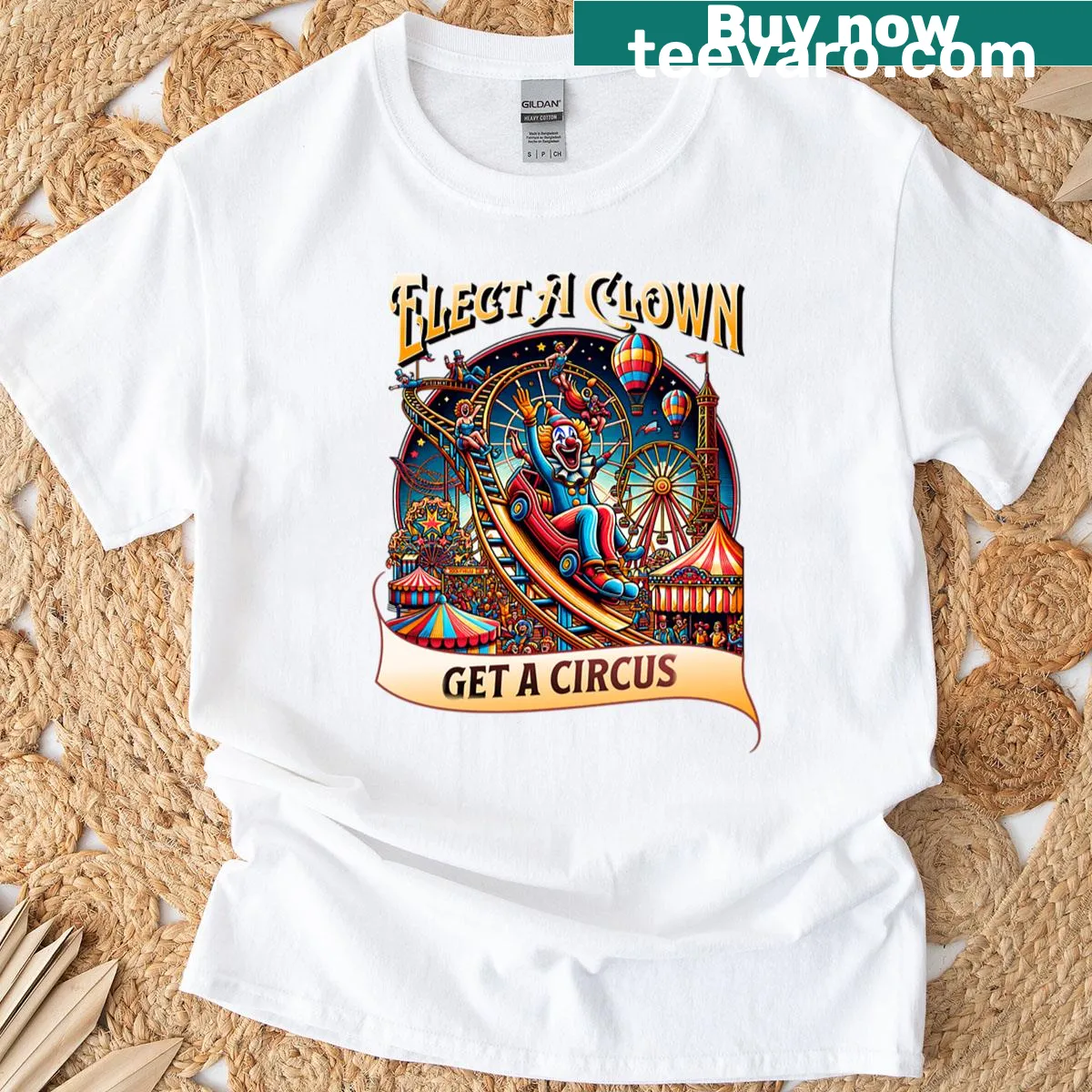 Funny political oversized t-shirt with the phrase Elect A Clown Get A Circus — on a men's t-shirt