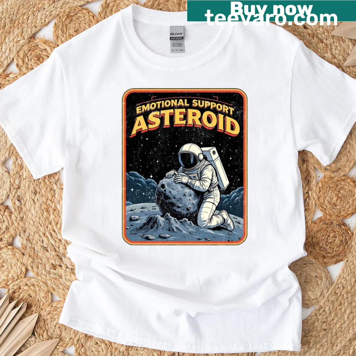 Whimsical retro T-shirt featuring an Emotional Support Asteroid and astronaut — on a men's t-shirt
