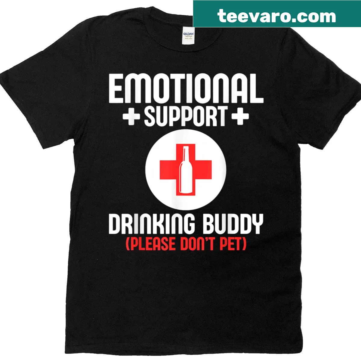 Funny t-shirt with text 'Emotional Support Drinking Buddy' in bold font — on a men's t-shirt