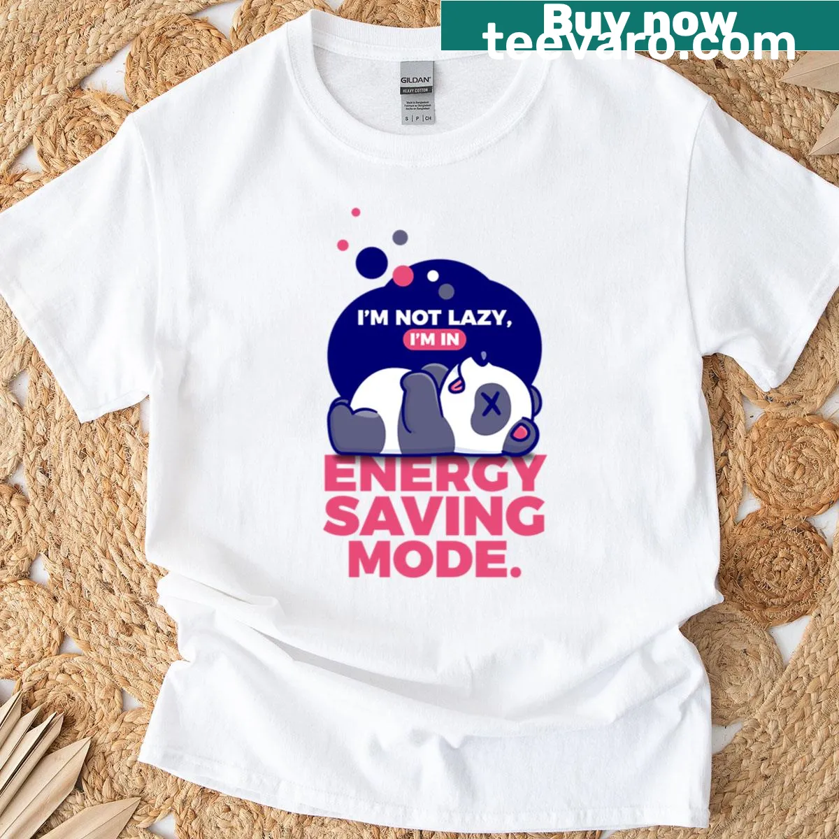 Graphic with 'Energy Saving Mode' text and panda illustration — on a men's t-shirt