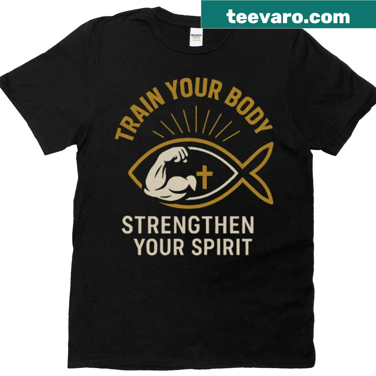 Inspirational Christian T-shirt for fitness with motivational text — on a men's t-shirt