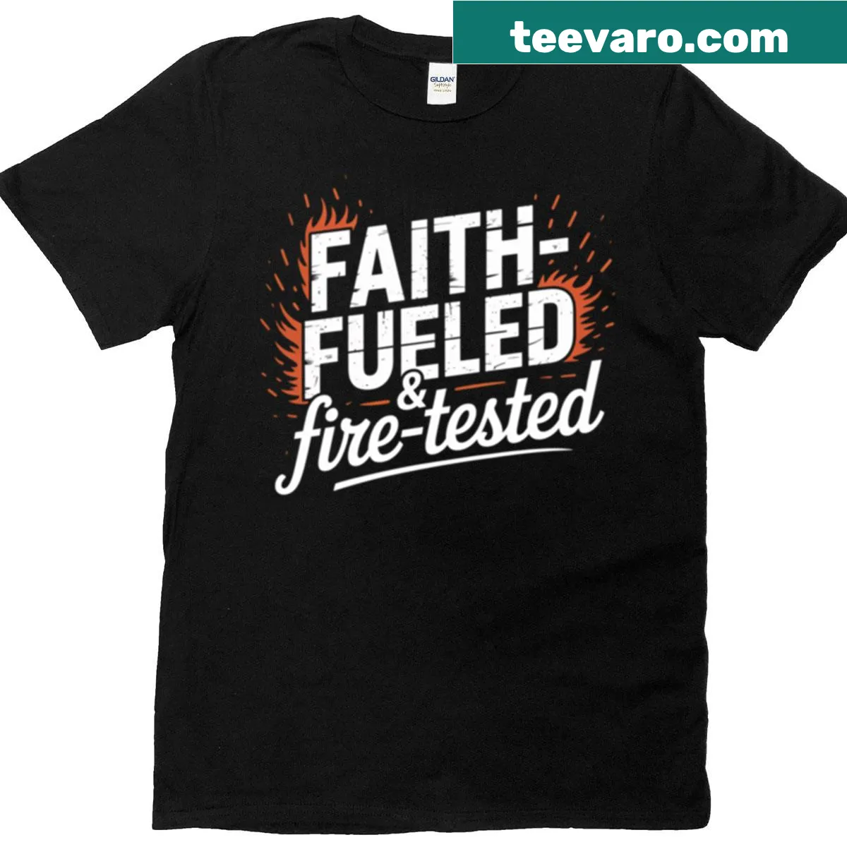 Inspirational T-shirt with 'Faith-fueled Fire-tested' text. — on a men's t-shirt