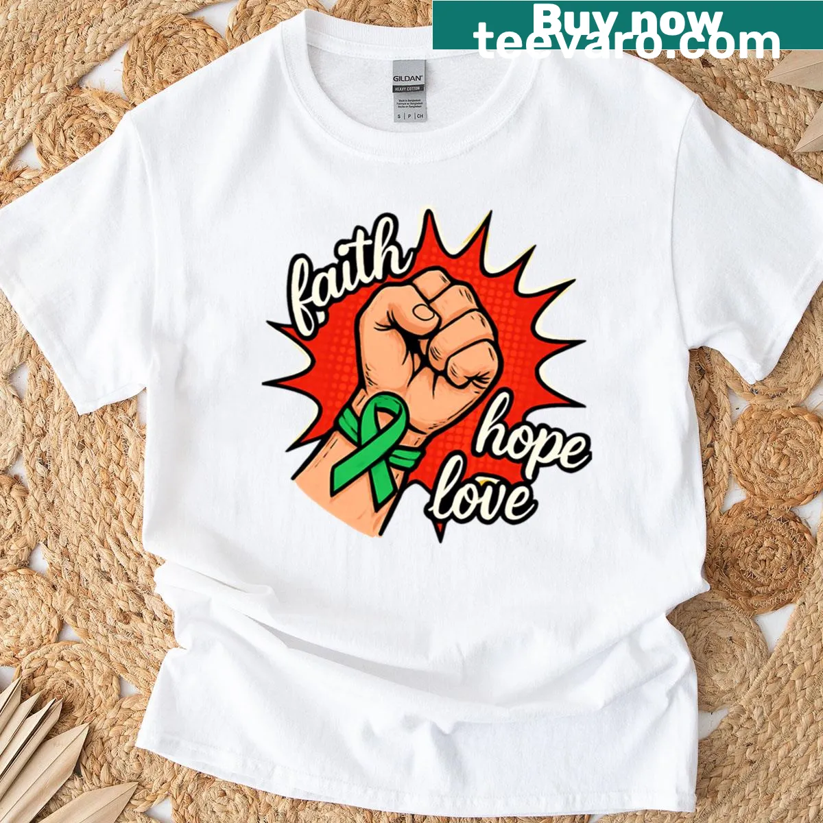 Faith Hope Love graphic with lymphoma ribbon on t-shirt — on a men's t-shirt