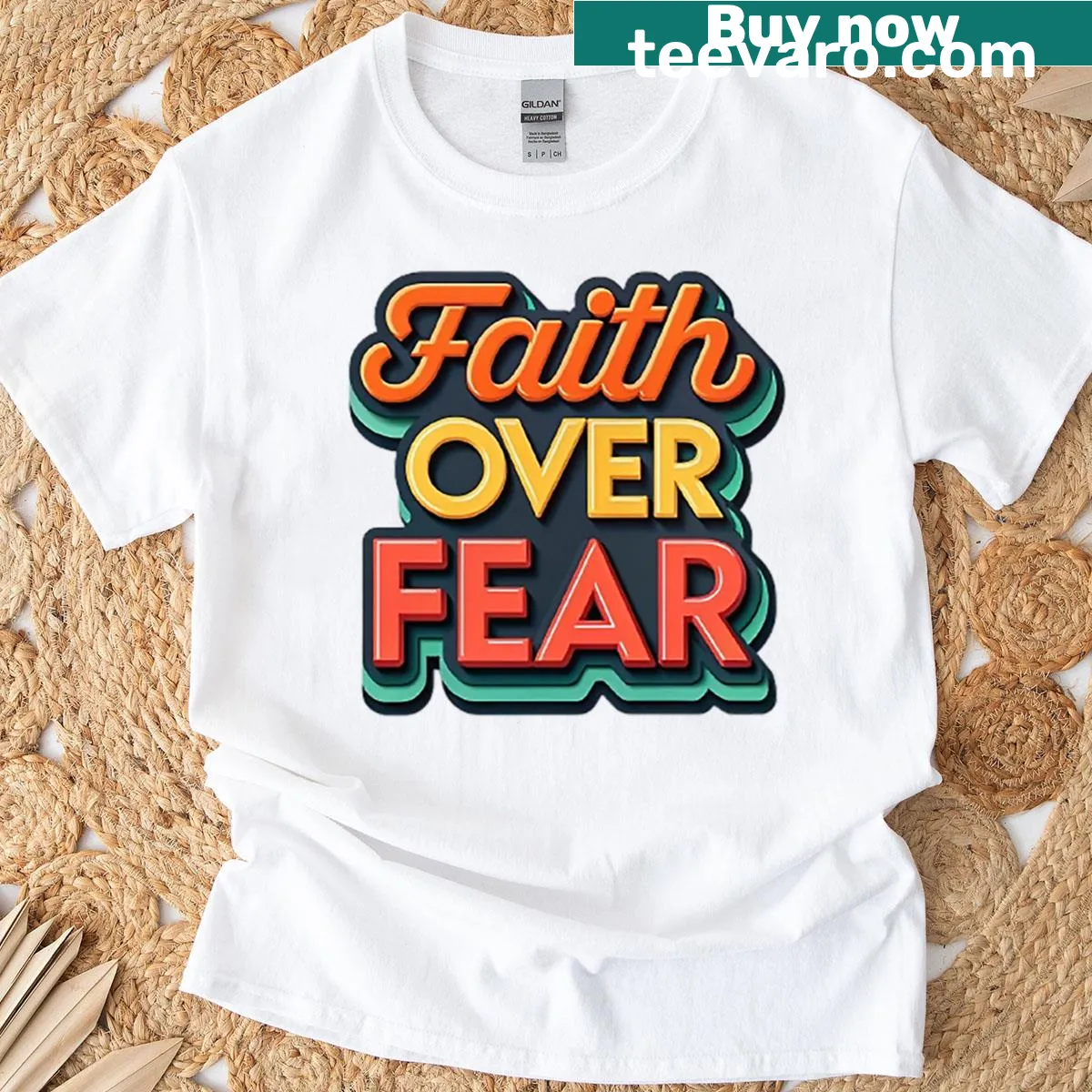 Faith Over Fear T-shirt with bold lettering — on a men's t-shirt