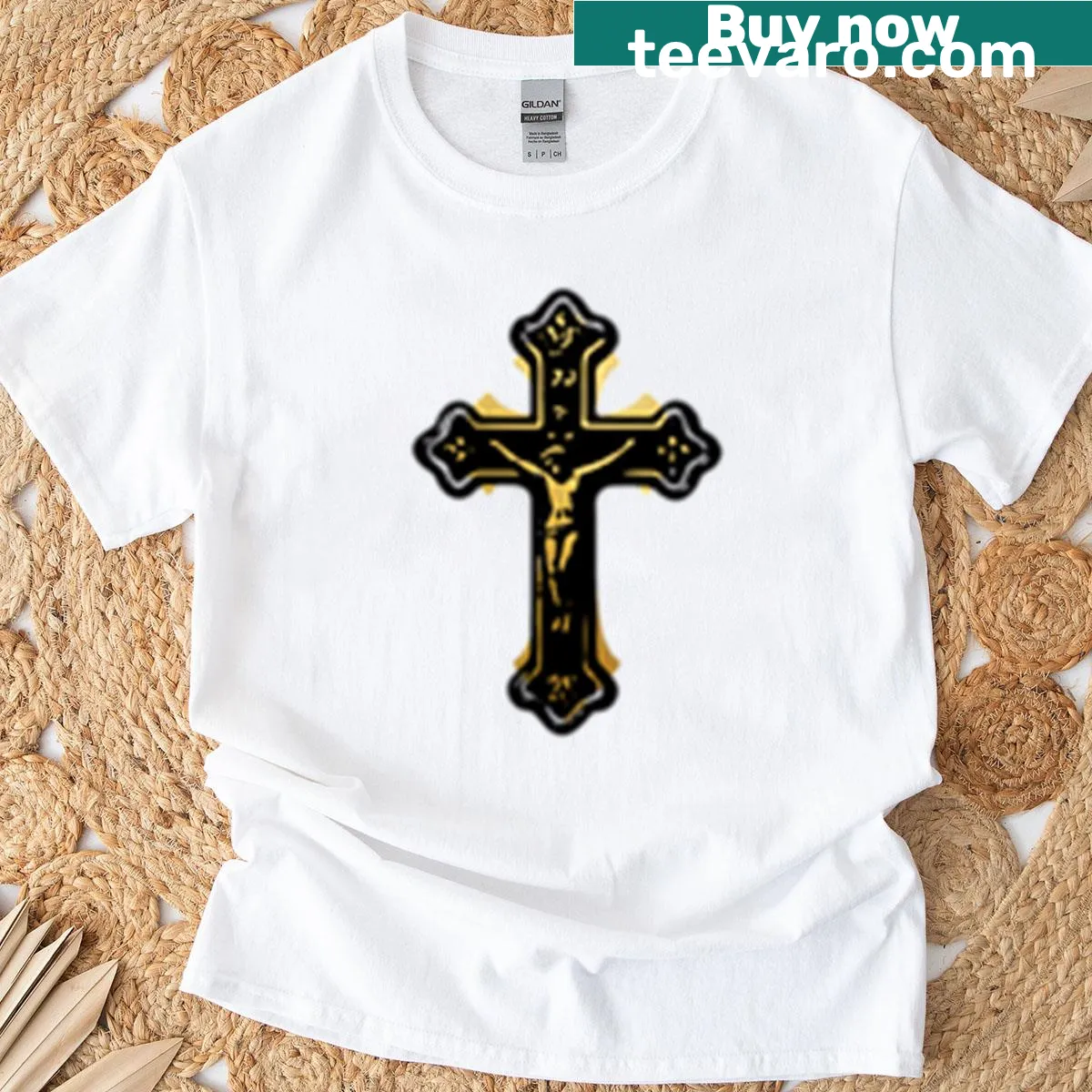 Gold Catholic cross logo T-shirt for everyday faith expression. — on a men's t-shirt