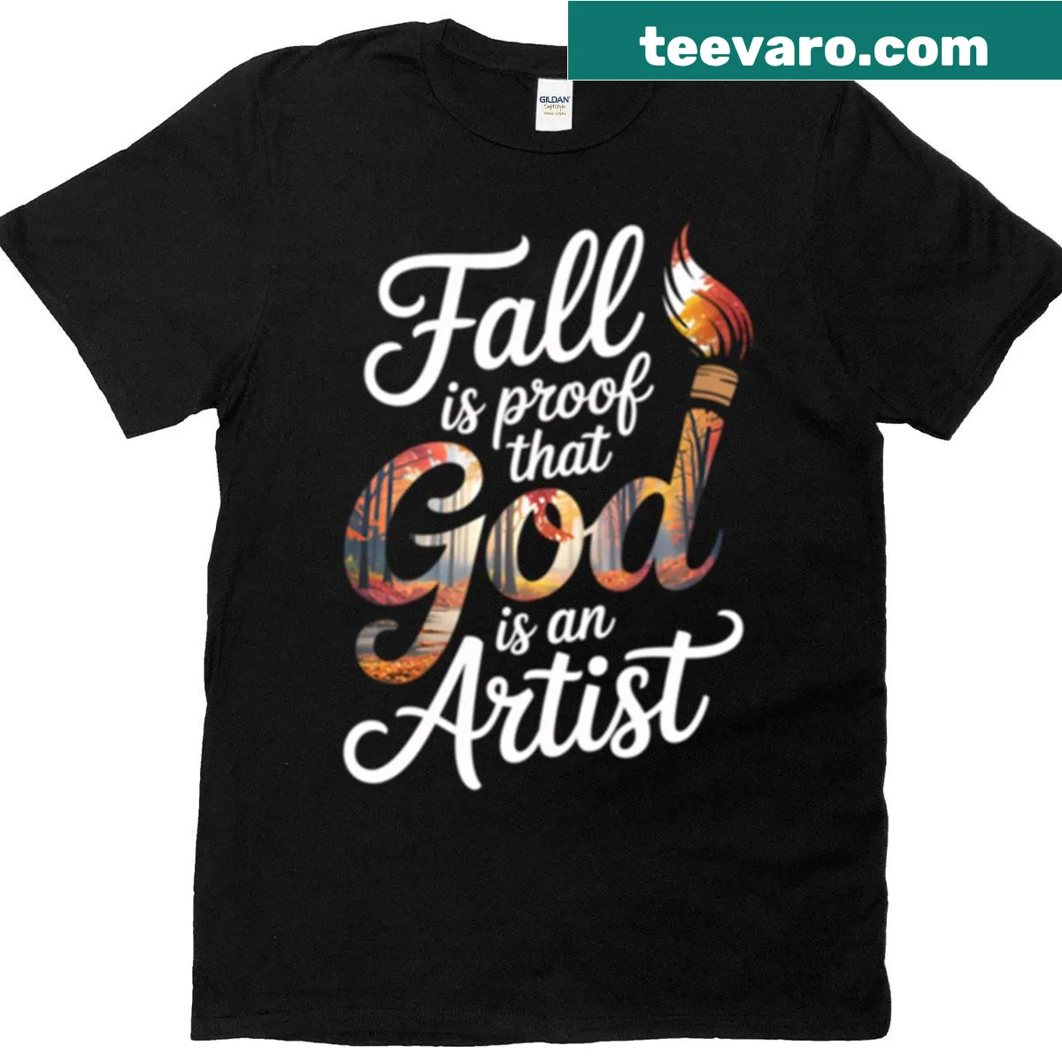 Inspirational t-shirt with 'Fall Is Proof That God Is An Artist' in elegant text — on a men's t-shirt