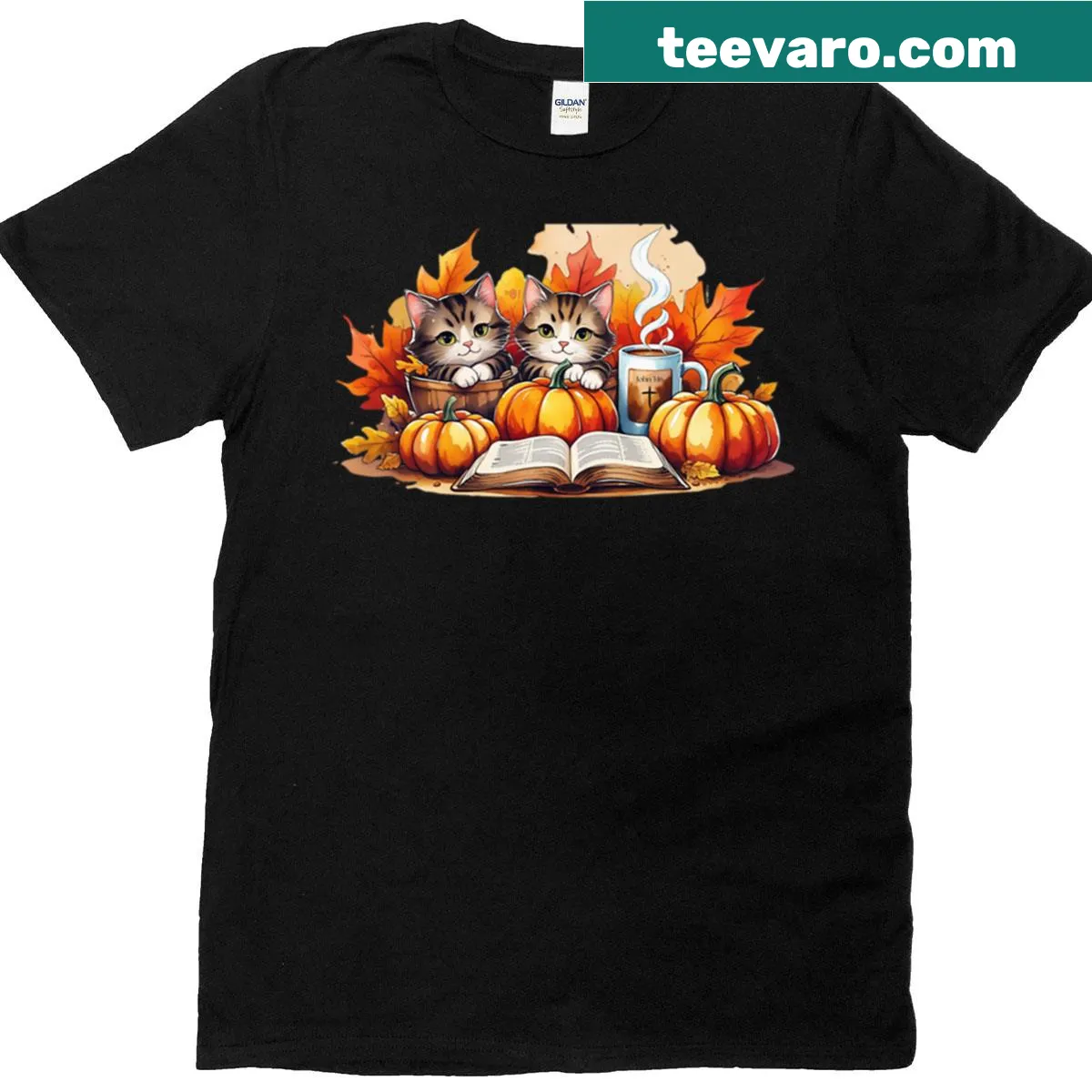 Fall-themed t-shirt with kittens, pumpkins, and Bible John 316 — on a men's t-shirt