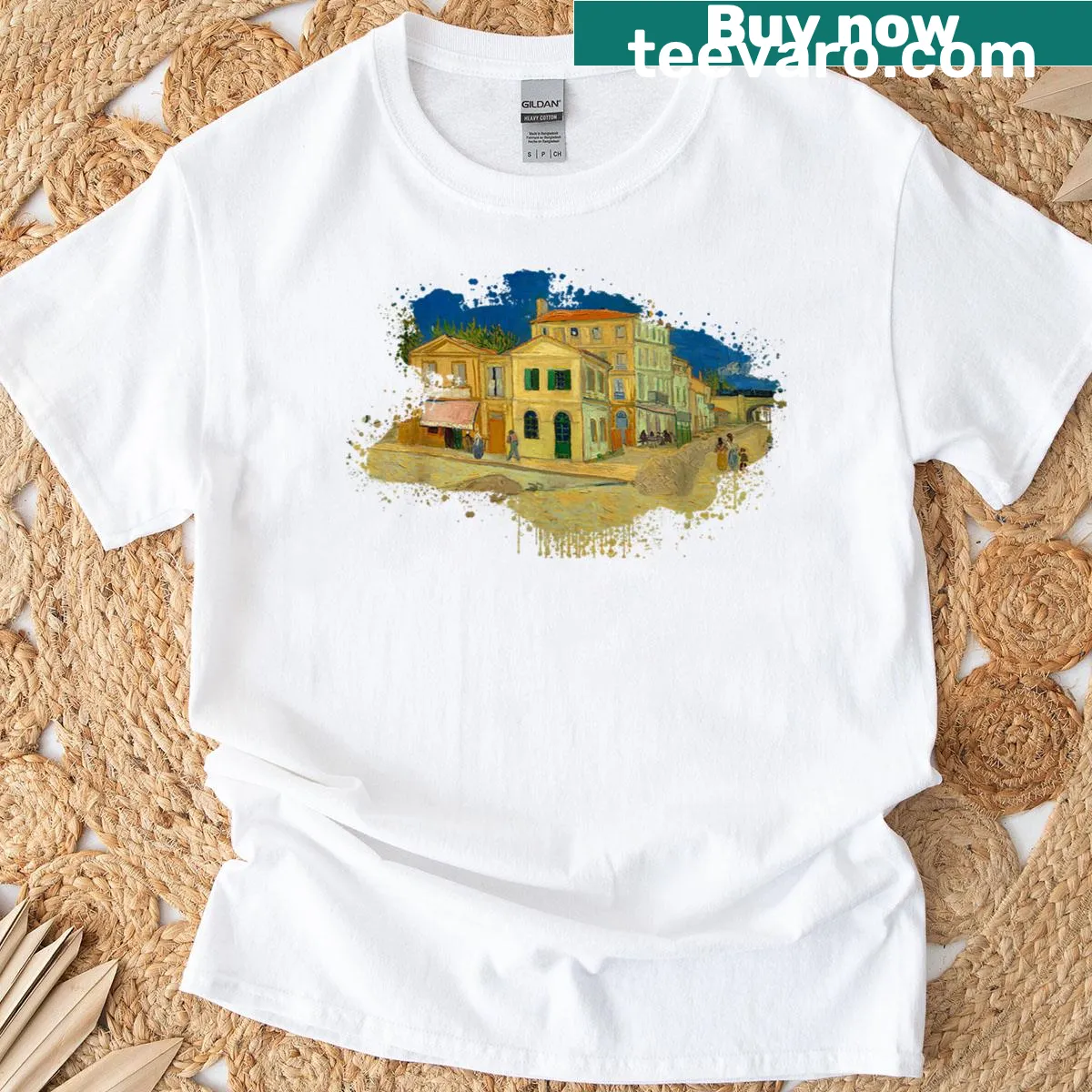 T-shirt featuring the famous Yellow House artwork by Van Gogh — on a men's t-shirt