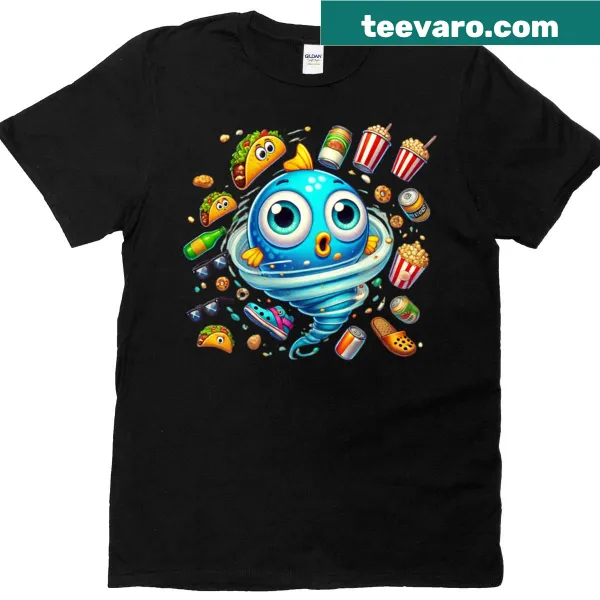 T-shirt featuring the phrase 'Fihnado Snack Chaos' for snack lovers