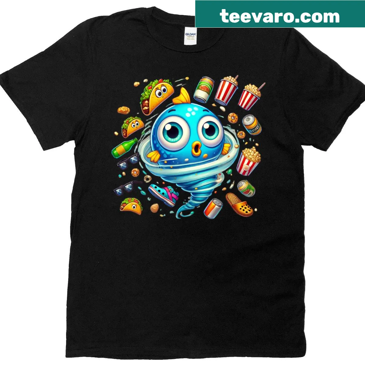 T-shirt featuring the phrase 'Fihnado Snack Chaos' for snack lovers — on a men's t-shirt