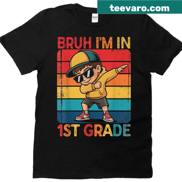 Fun t-shirt for kids with dabbing boy graphic and 'Bruh Im In 1st Grade' text
