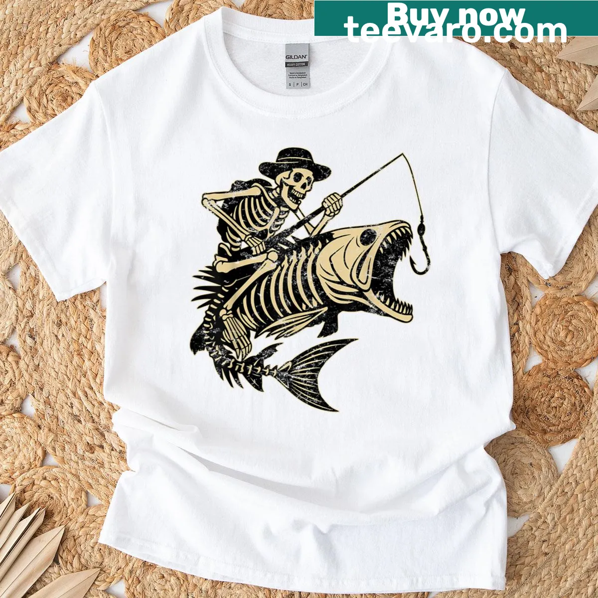 Skeleton bass fish design for Halloween T-shirt — on a men's t-shirt