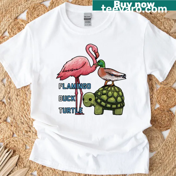 Cartoon design of flamingo, duck, and turtle on t-shirt
