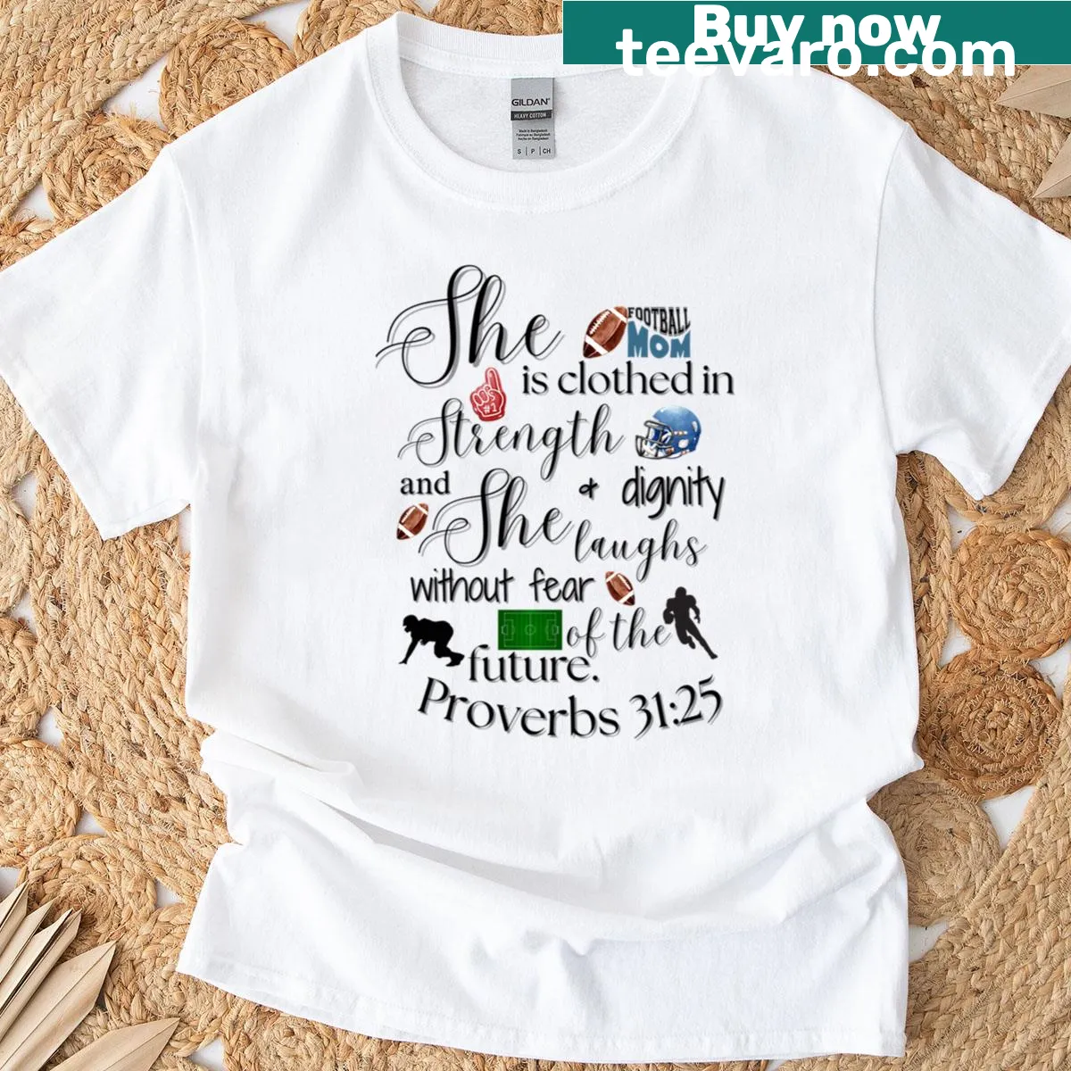 Inspirational Football Mom t-shirt with Proverbs 31:25 text — on a men's t-shirt