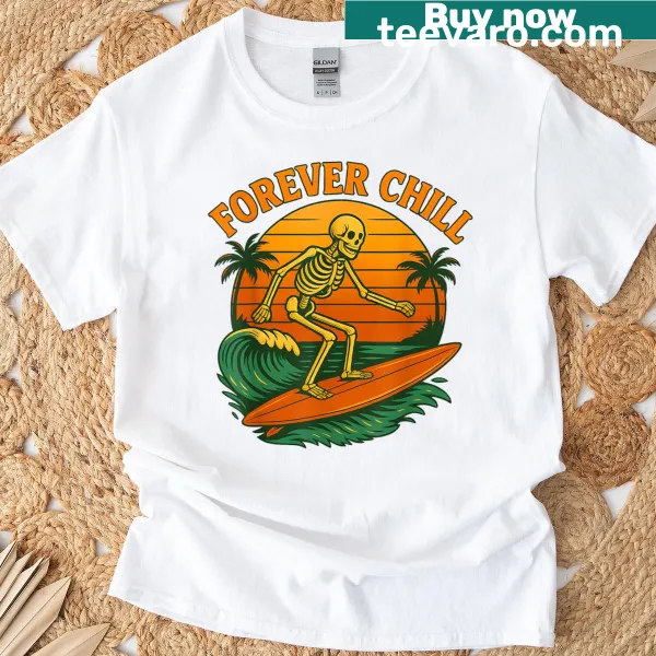 Vintage-style T-shirt with a skeleton surfer and sunset design