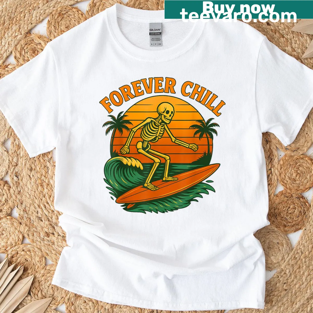 Vintage-style T-shirt with a skeleton surfer and sunset design — on a men's t-shirt