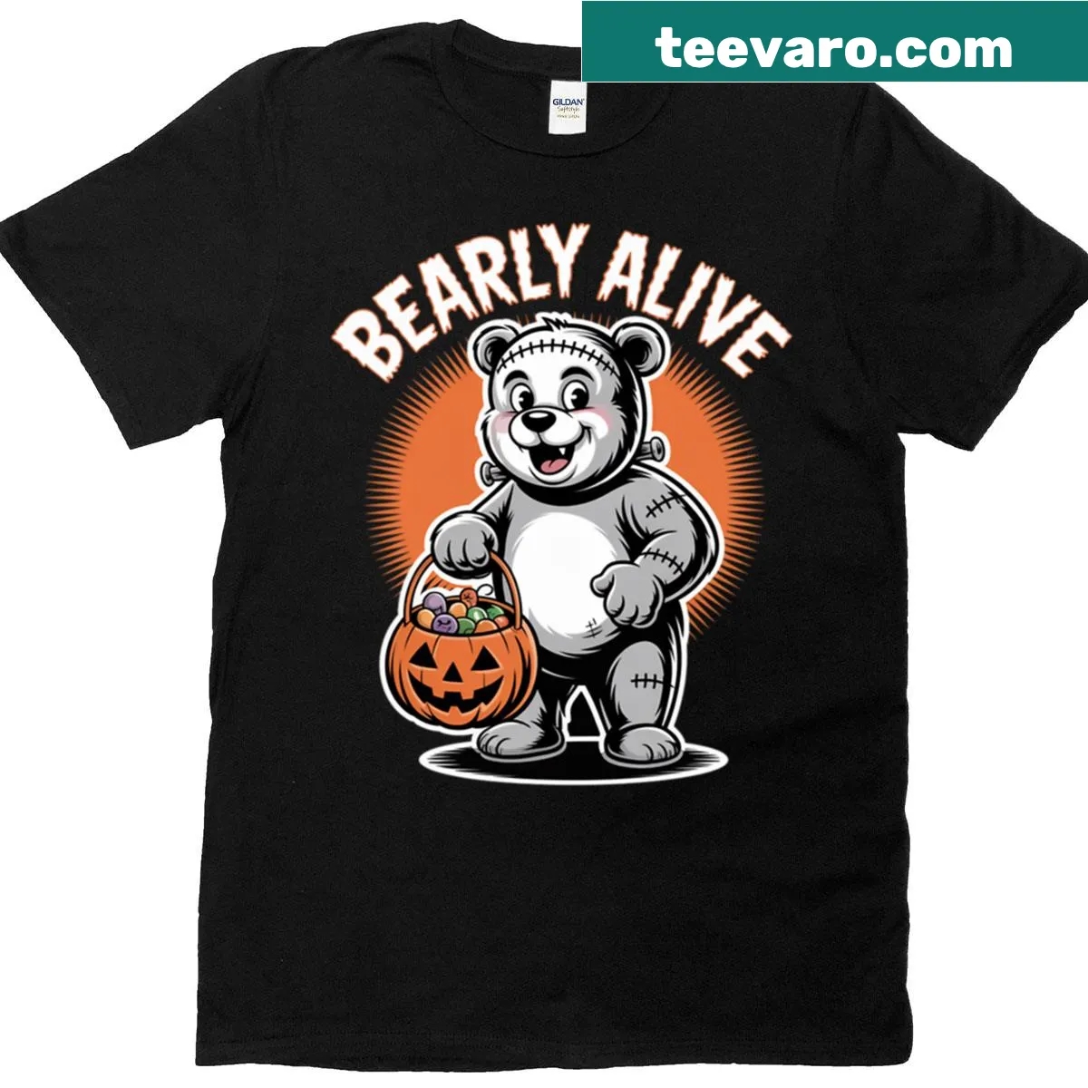 Cute boxy T-shirt featuring a playful Frankenstein bear design — on a men's t-shirt