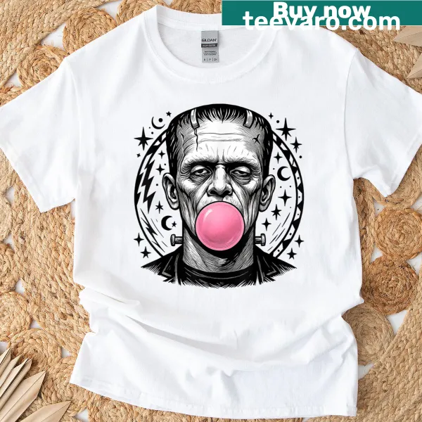 Funny Frankenstein monster blowing bubble gum on vintage-style shirt