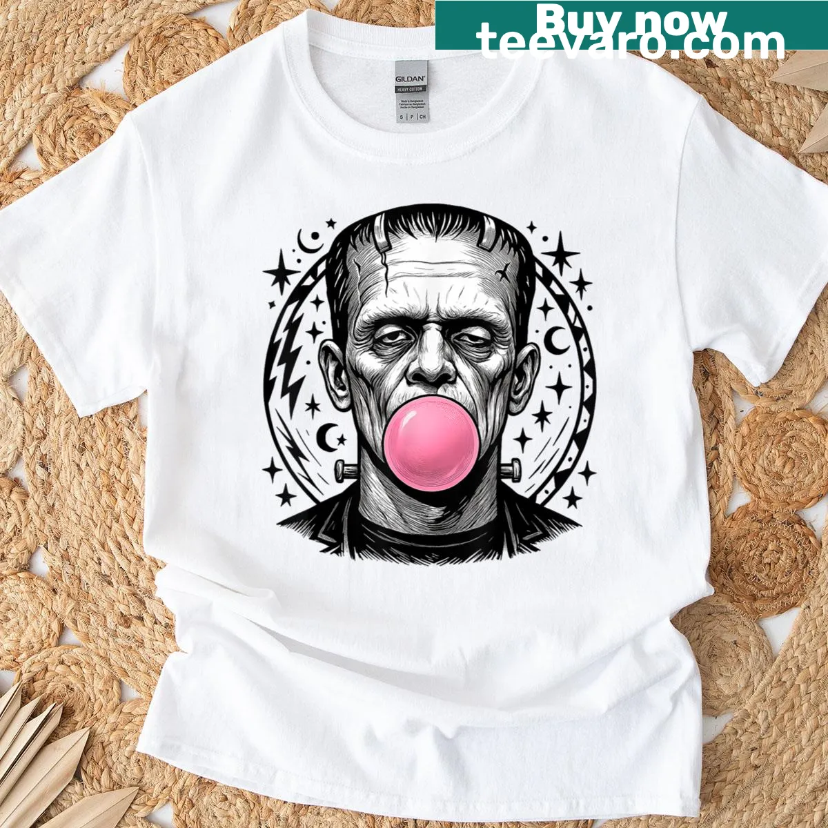 Funny Frankenstein monster blowing bubble gum on vintage-style shirt — on a men's t-shirt