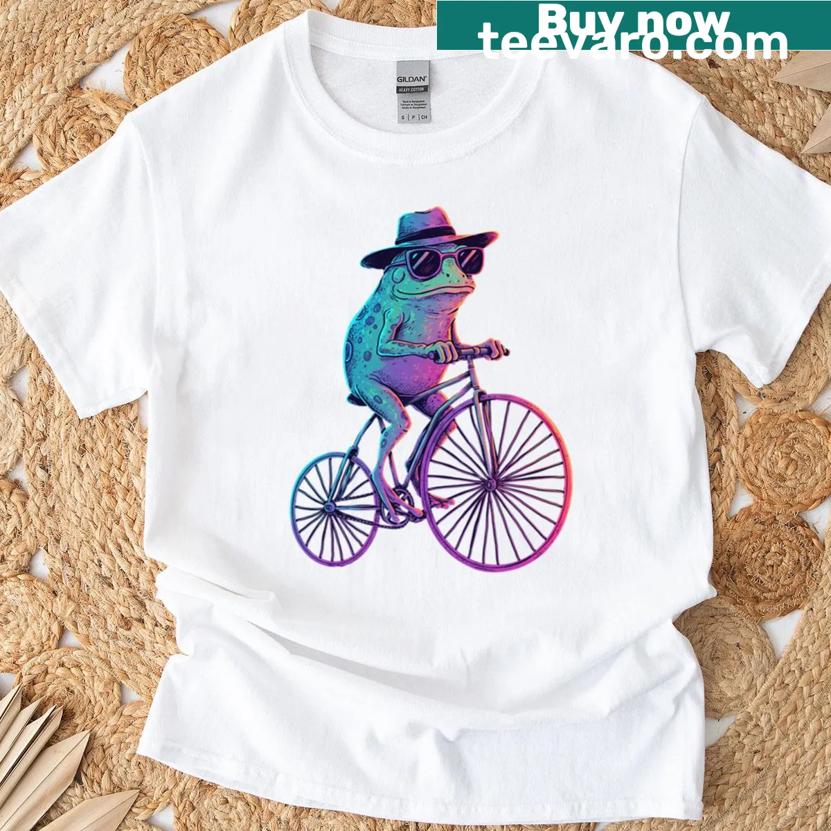 Cartoon frog riding a bicycle with sunglasses design on a T-shirt — on a men's t-shirt
