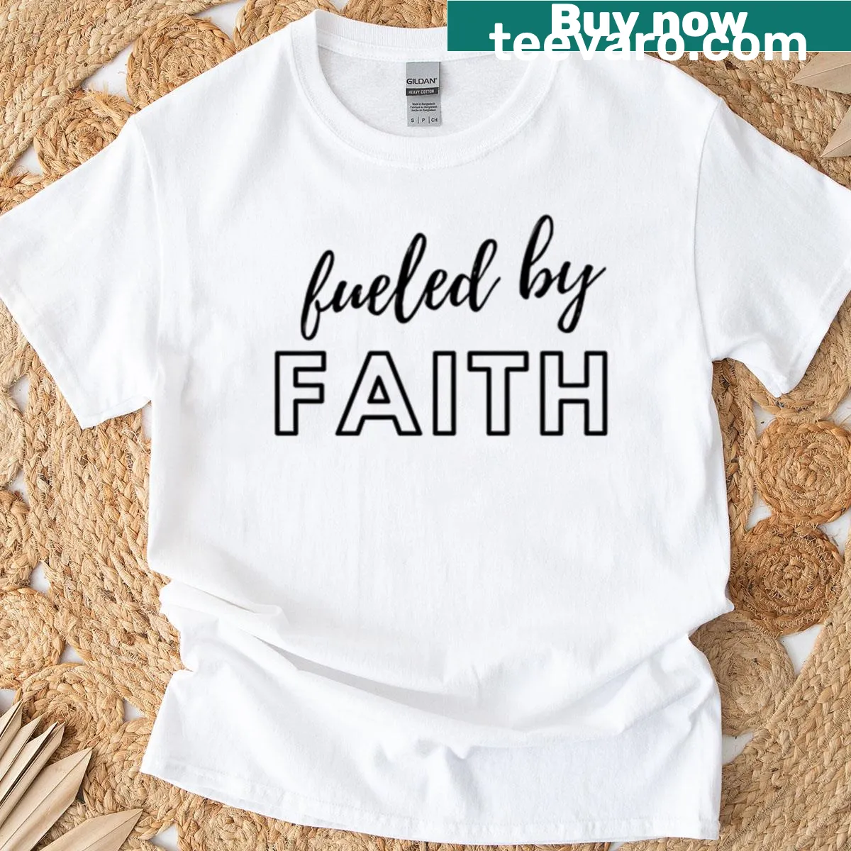 Inspirational T-shirt with text 'Fueled By Faith' — on a men's t-shirt