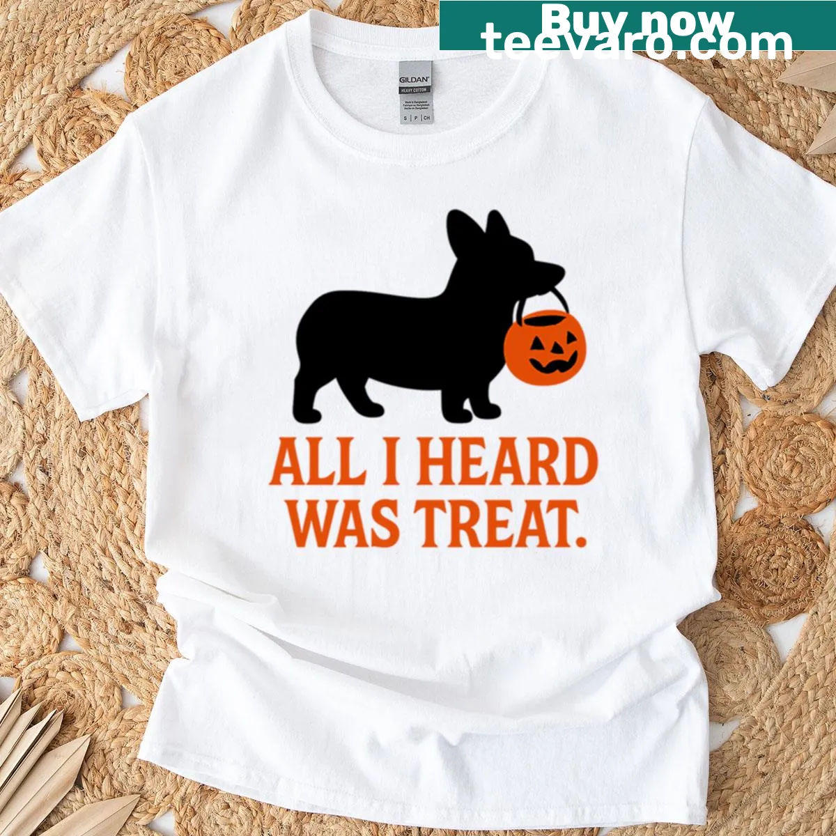 Cartoon oversized t-shirt with a corgi and Halloween treat phrase — on a men's t-shirt