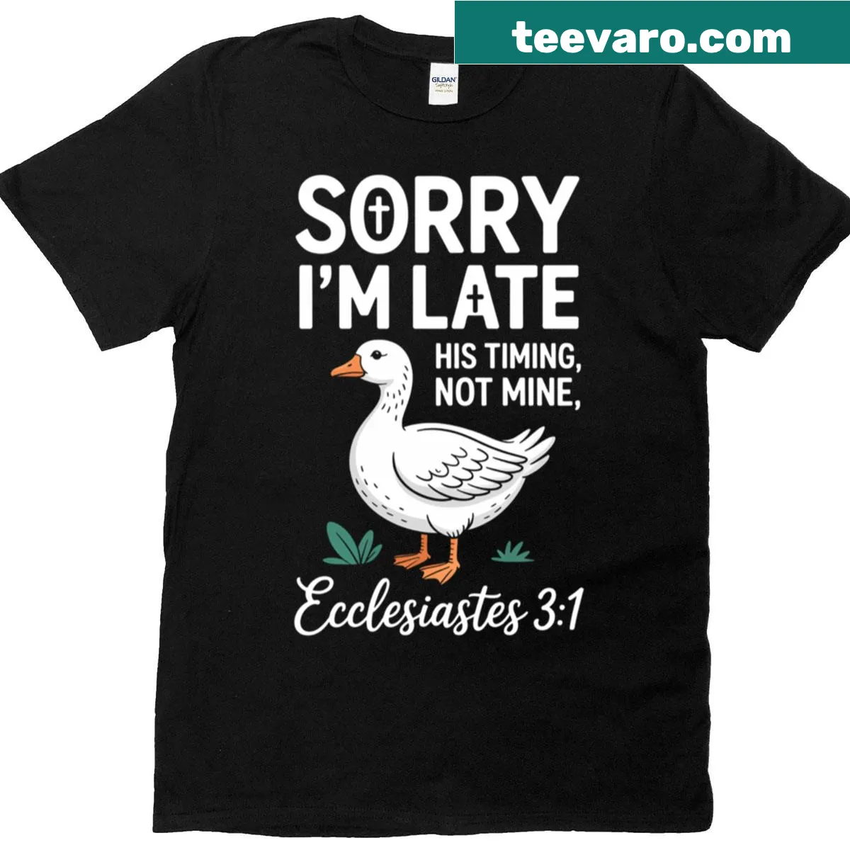 Cute goose graphic with funny Christian message — on a men's t-shirt