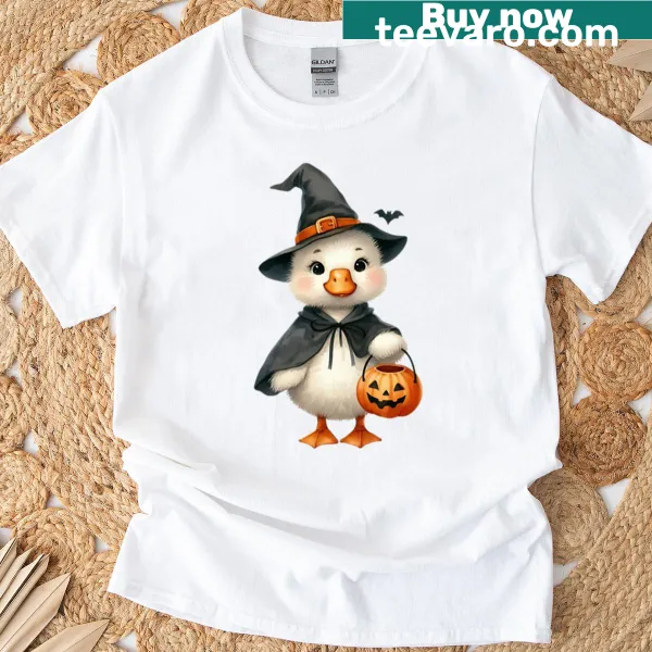 Cartoon goose in a witch hat with pumpkins on a Halloween t-shirt