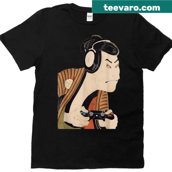 Whimsical samurai design in Ukiyo-e style on T-shirt