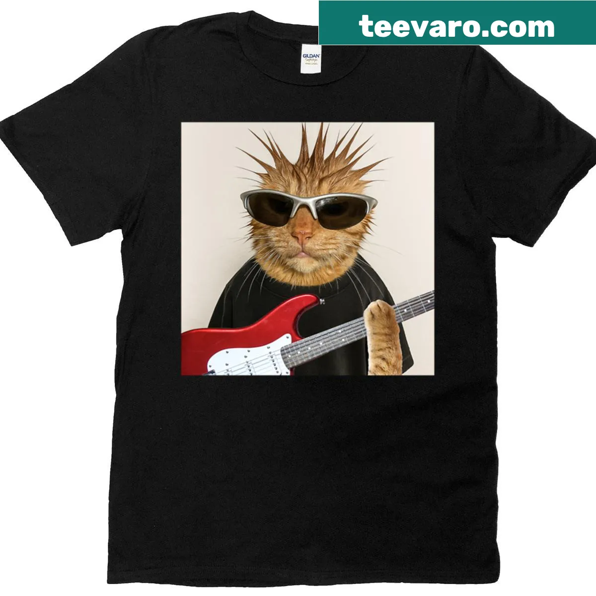 T-shirt with a cartoon cat playing guitar in a funny meme style — on a men's t-shirt