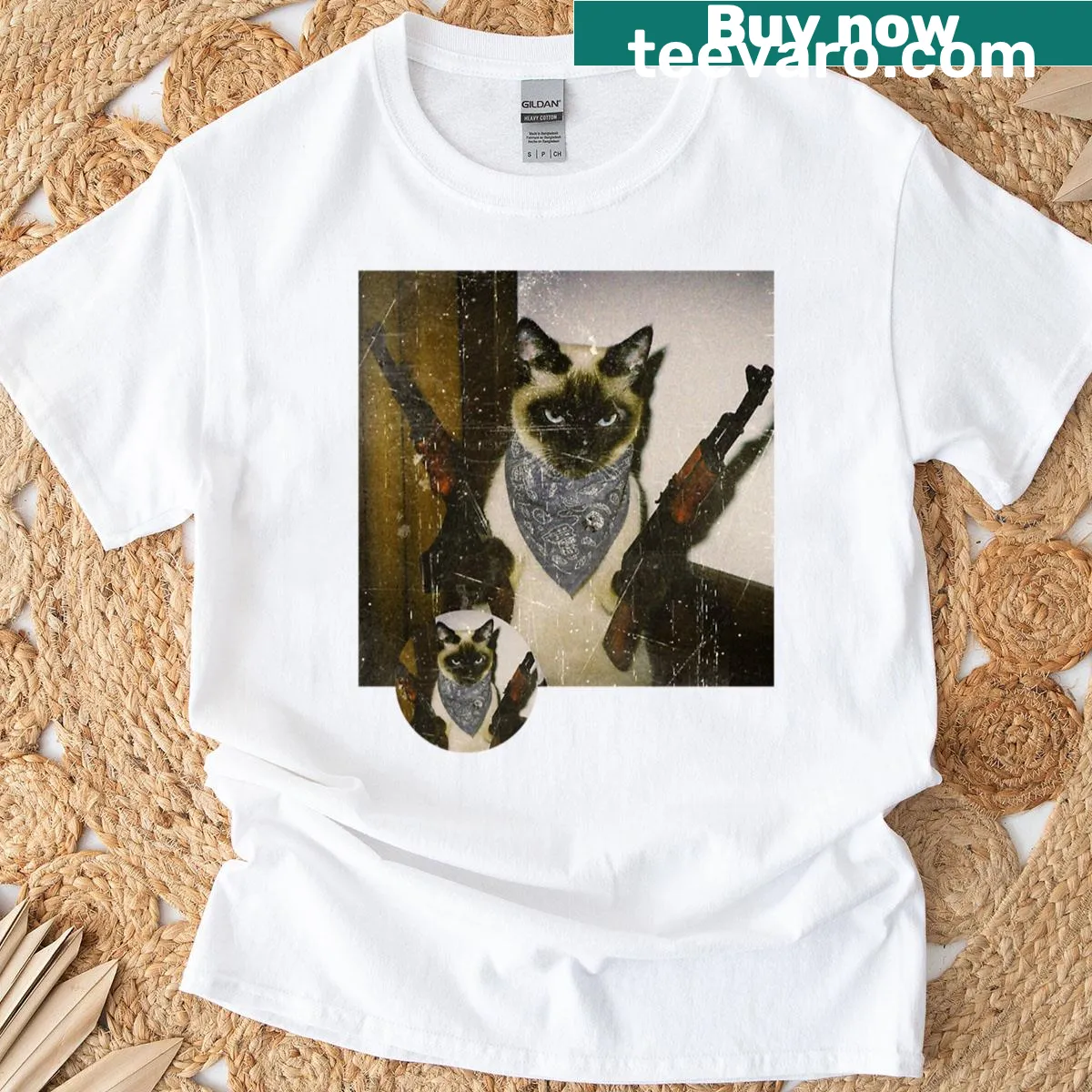 Cartoon gangster cat design on a funny T-shirt — on a men's t-shirt