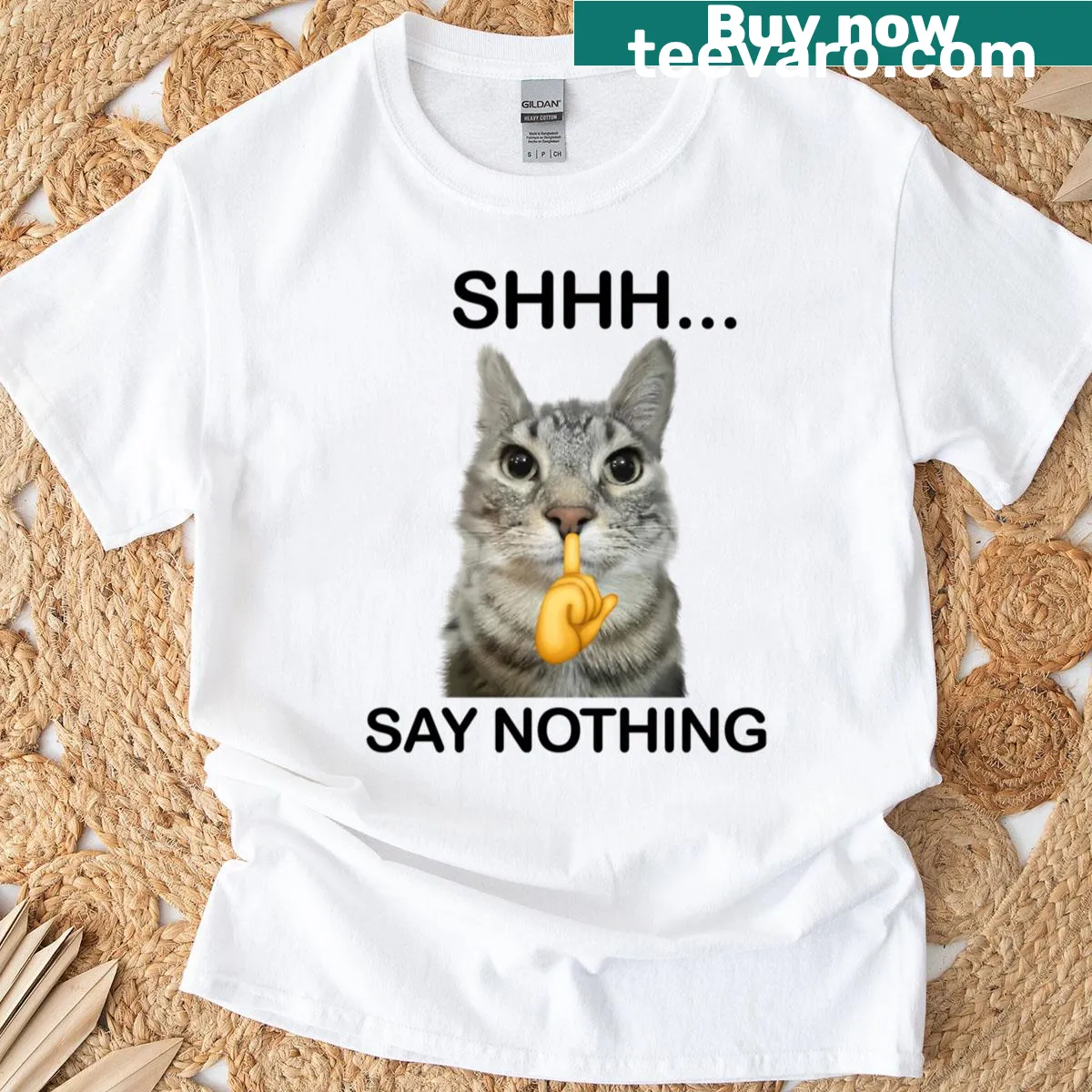 Humorous cat-themed t-shirt with 'Say Nothing' text design — on a men's t-shirt