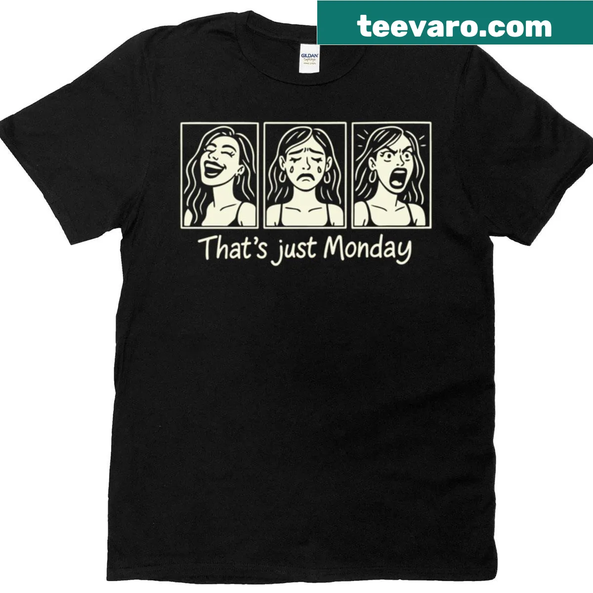 Comic-style T-shirt expressing funny Monday moods for women — on a men's t-shirt